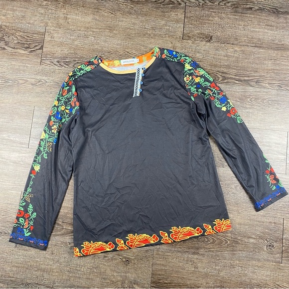 MISSLOOK Tops - Mislook Shirt Women XL Grey Floral Back Artsy 3 Button Long Sleeve Cotton Blend